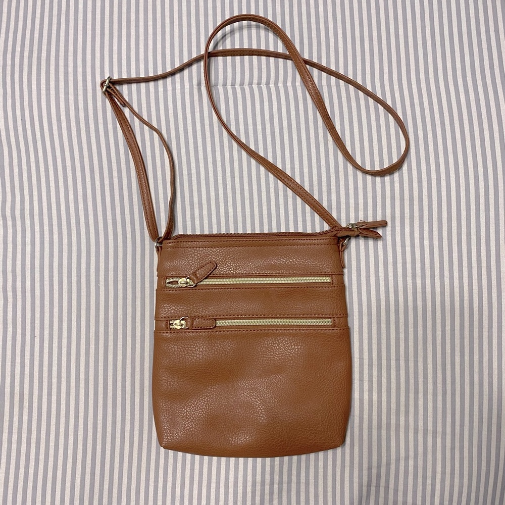 Camel Double Zipper Crossbody